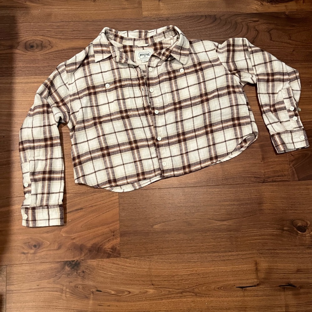 American Eagle Outfitters Brown and White Plaid Button-Down Cropped Shirt